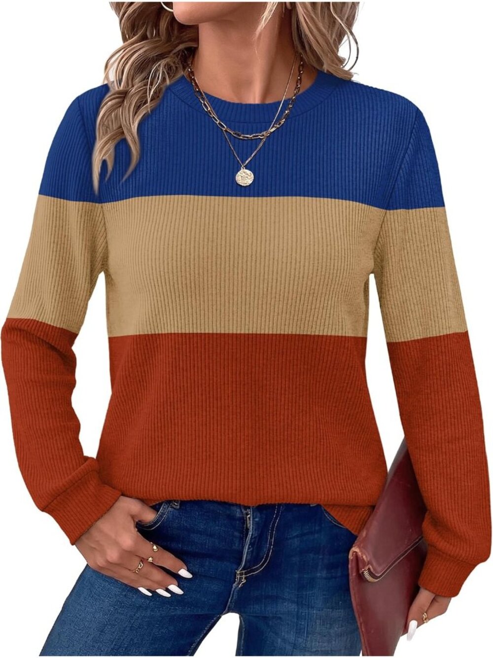 Women's Multi Colour Long Sleeve Crew Neck Imported Casual Tops Cozy Sweater